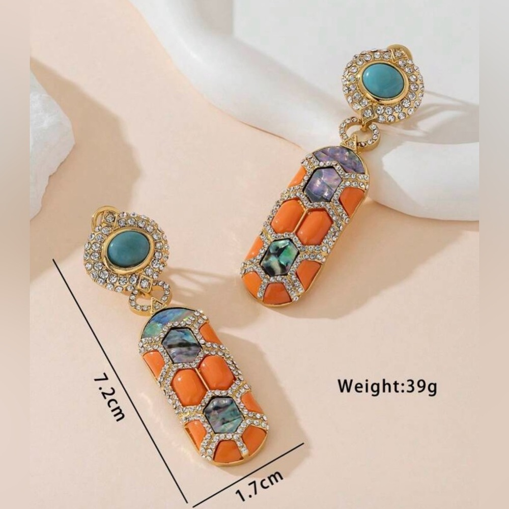 Mosaic Drop Post Earrings- Coral, Abalone & Turquoise - Gold Tone NEW - Picture 2 of 5
